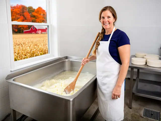A cheesemaker stirring fresh curds with a wooden paddle in a new open steel cheese vat.