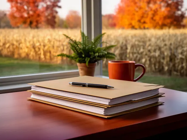 A neat stack of closed manila folders and a pen on a desk by a window.