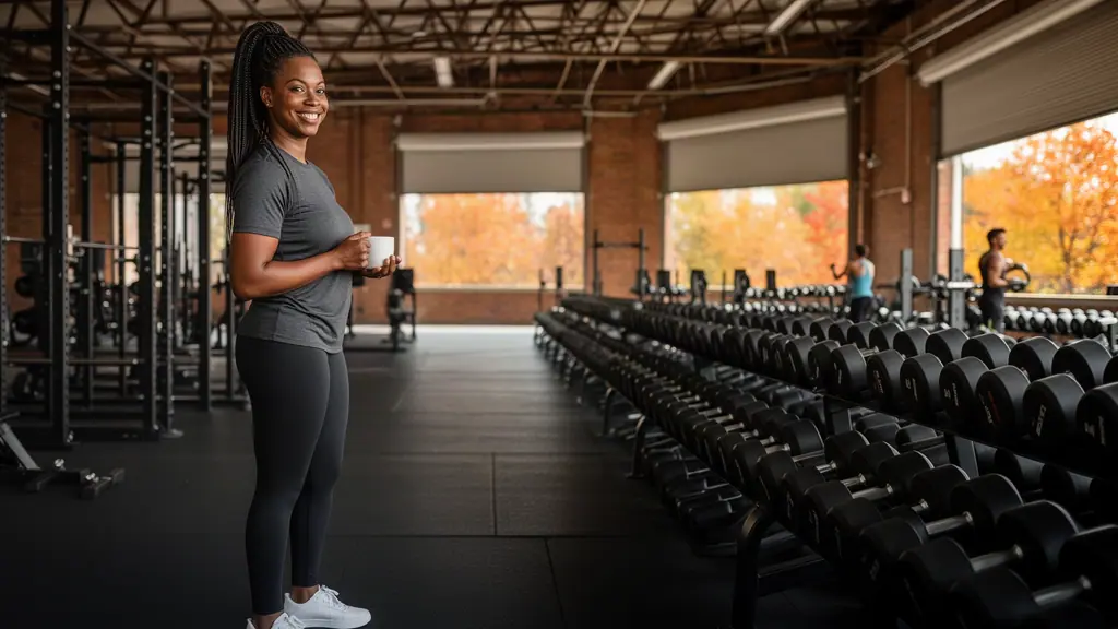 A smiling gym owner holding her morning coffee between long rows of dumbbell racks in a warehouse gym.