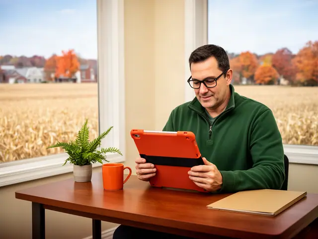 A man in black-framed glasses reviewing a tablet at a desk in a small back office.