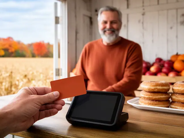 A customer taps a card on a counter terminal at a farm-market cider and donut stand.