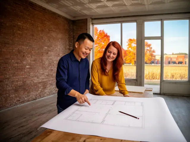 Two business partners looking over a pencil floor sketch in an empty storefront.