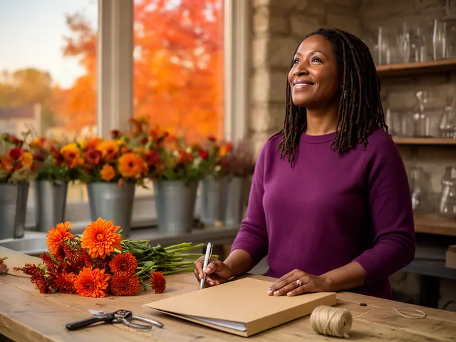 A woman at a work table with a closed folder in a small florist studio.
